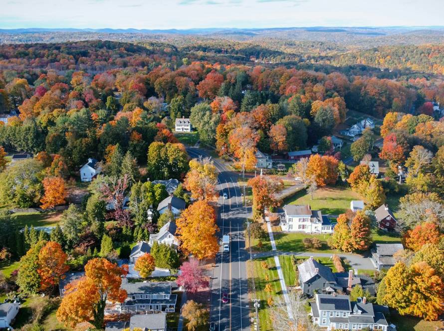 Aerial view of a Greater Boston suburb in autumn